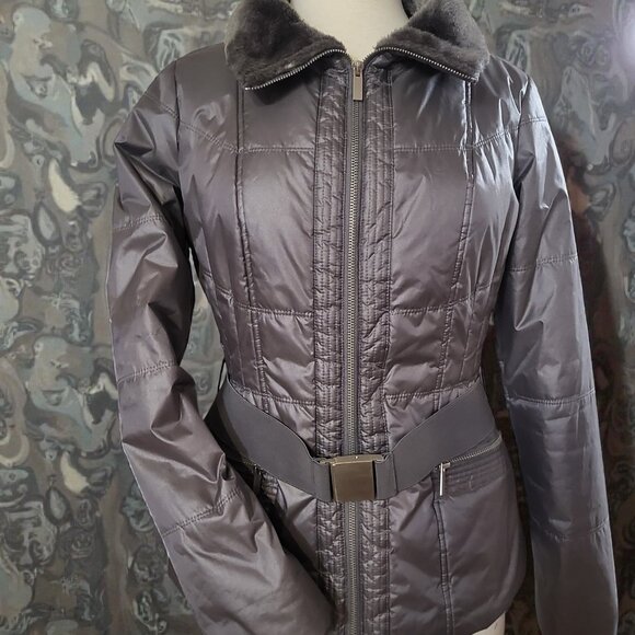 NY&CO Jacket Faux Fur Trim Packable Nylon Puffer Jacket size S color Silver - Picture 3 of 10